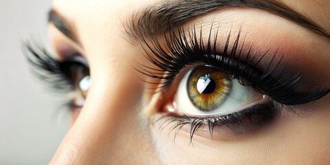 Naklejka premium Close-up of a Woman's Eye with Dramatic Eyelashes, Macro, Portrait, Beauty, Makeup, Eye Lashes, Eyeliner