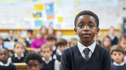Confident african schoolboy presenting in front of diverse classmates in classroom
