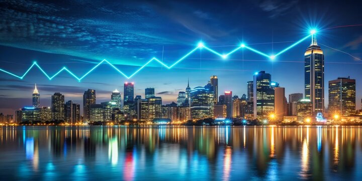 Cityscape with Glowing Blue Line Graph, Night, Skyscrapers, Reflection, City, Skyline, Growth