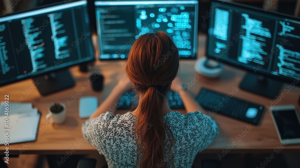 Poster coding in action developer working on multiple monitors home office digital workspace nighttime tech
