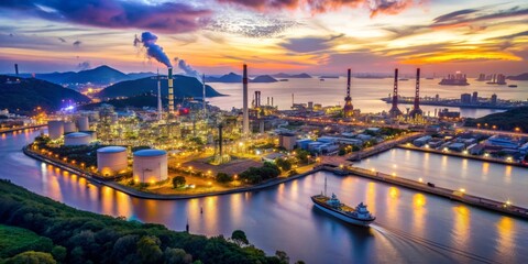 Fototapeta premium Aerial View of a Busy Industrial Harbor at Sunset, Industrial Port, Harbour Scene, Shipping Vessel