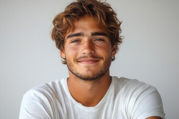 Fototapeta premium a charming portrait of a handsome young man with a warm smile and folded arms, exuding confidence and approachability, set against a simple white background to enhance focus on his expressive features