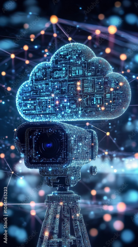 Poster a digital camera connected to a cloud network symbolizing modern technology and data transfer