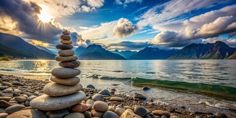 A Stone Cairn Stands Tall Against the Majestic Mountains and Tranquil Waters of the Fjord, zen, zen garden, nature, peace, serenity, balance