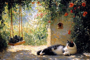 Obraz premium A black and white cat relaxing in a vibrant garden with flowers and a birdhouse.