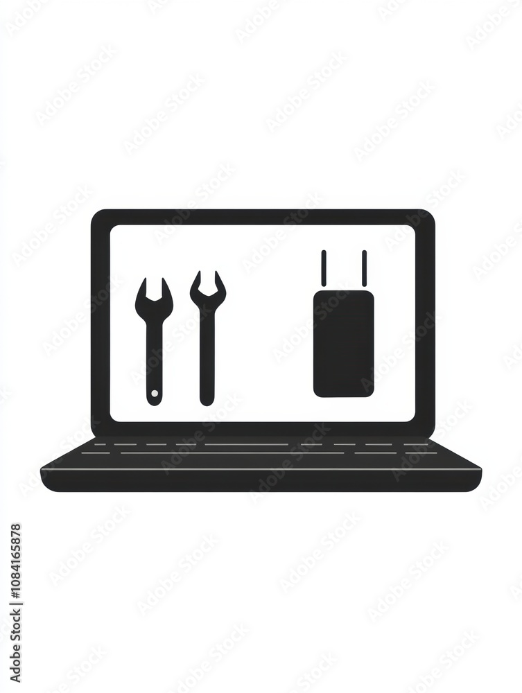 Aufkleber a laptop showcases icons of a screwdriver and wrench, symbolizing tools for tech repair or maintenan