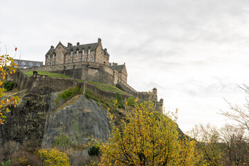 Edinburgh Castle Scotland - Princes Gardens, Scotland - Autumn atmosphere on a cloudy day