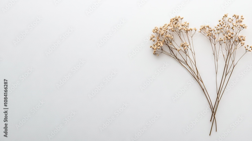 Poster a close-up of several flowers on a white background with some stem extensions