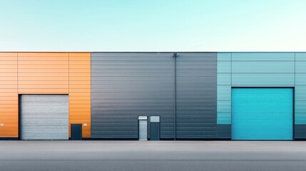 Obraz premium Colorful industrial building facade with orange, gray, and blue sections featuring two large roller shutter doors and a clear sky backdrop