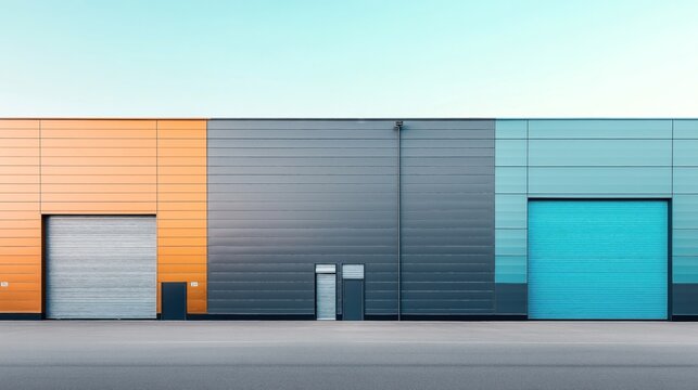 Colorful industrial building facade with orange, gray, and blue sections featuring two large roller shutter doors and a clear sky backdrop