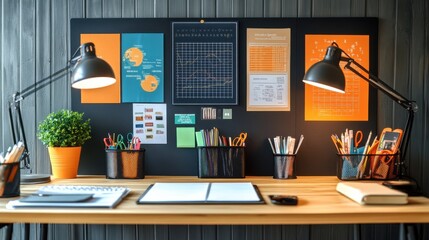 Workspace Desk Design Concept.A modern workspace featuring a wooden desk, organized stationery, and vibrant wall charts, illuminated by stylish desk lamps.