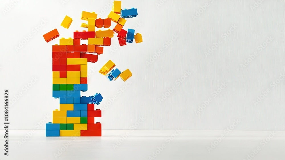 Poster a skyscraper constructed from blocks on a pure white foundation and backdrop