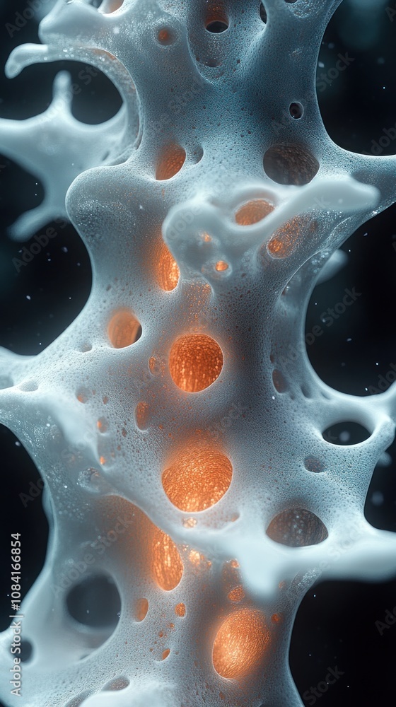 Poster abstract depiction of a cellular structure with glowing elements.