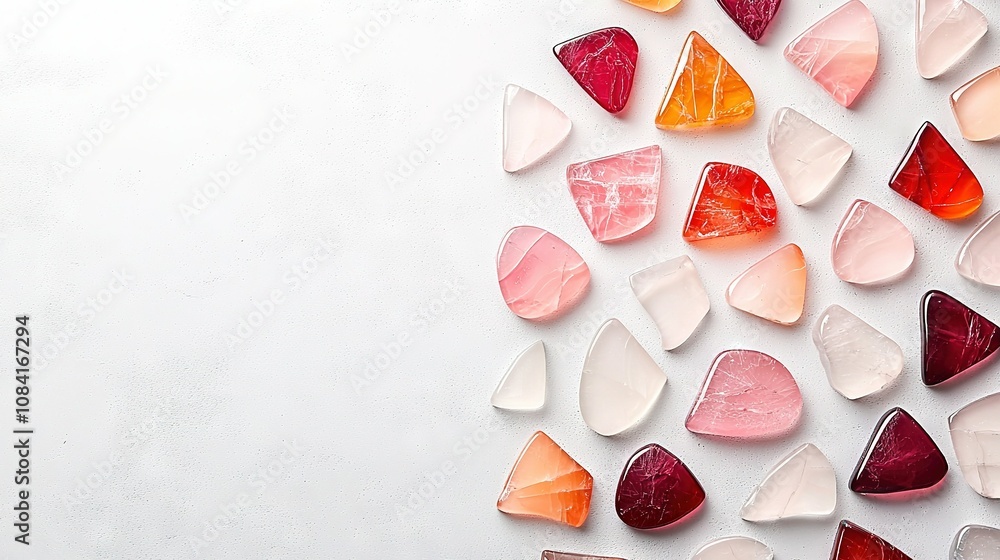 Poster a white table topped with an array of colorful glass pieces and a red-orange fruit slice