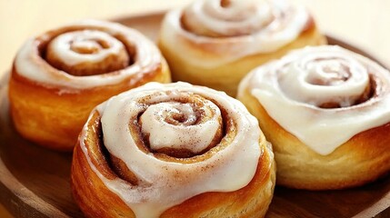 Fototapeta premium Wooden table with cinnamon rolls on plate and iced toppings