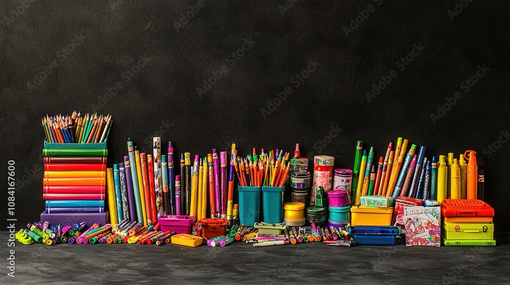 Poster a colorful cluster of pencils sprawled on a table, accompanied by another array of similarly hued wr