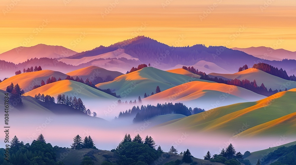 Poster   A mountain range is painted in the background while trees fill the foreground Fog hovers above the scene