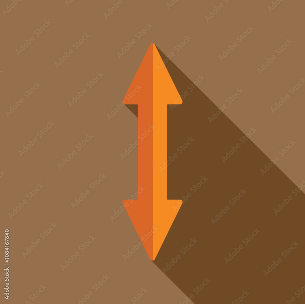 Poster orange two way arrow symbol pointing up and down casting a long shadow on a brown background, repres