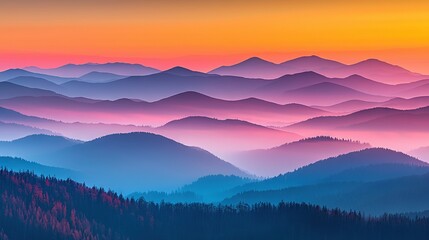 Fototapeta premium A stunning sunset view of mountainous scenery, featuring trees and peaks in the foreground and a captivating blend of pink and blue skies in the background