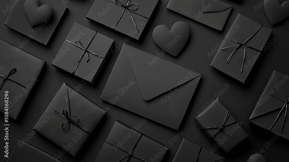 Poster a group of black envelopes with bows and hearts, adorned with strings