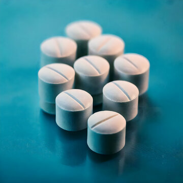 Pills Resting on Blue Table Surface