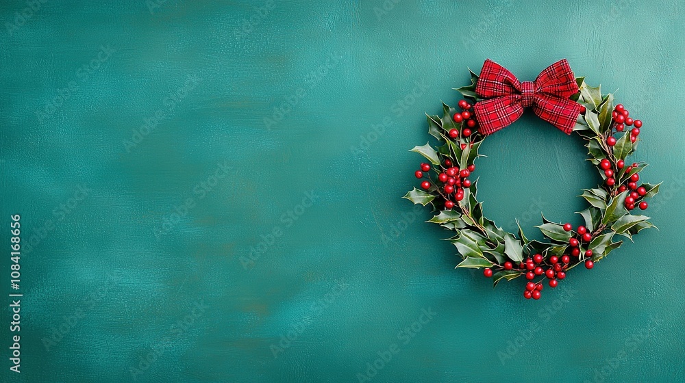 Poster a christmas wreath with red berries and a red bow on a green background a red bow is also placed in 