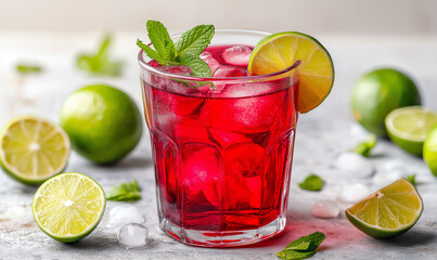 Fototapeta premium Hibiscus Iced Tea with Fresh Mint and Lime on White Background
