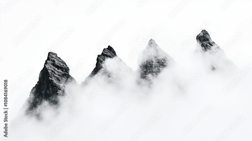 Poster a black-and-white image of a mountain range shrouded in clouds with a bird perched atop one of the p