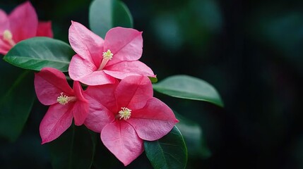   A pink flower on a green leafy branch, surrounded by green leaves in the foreground against a dark background