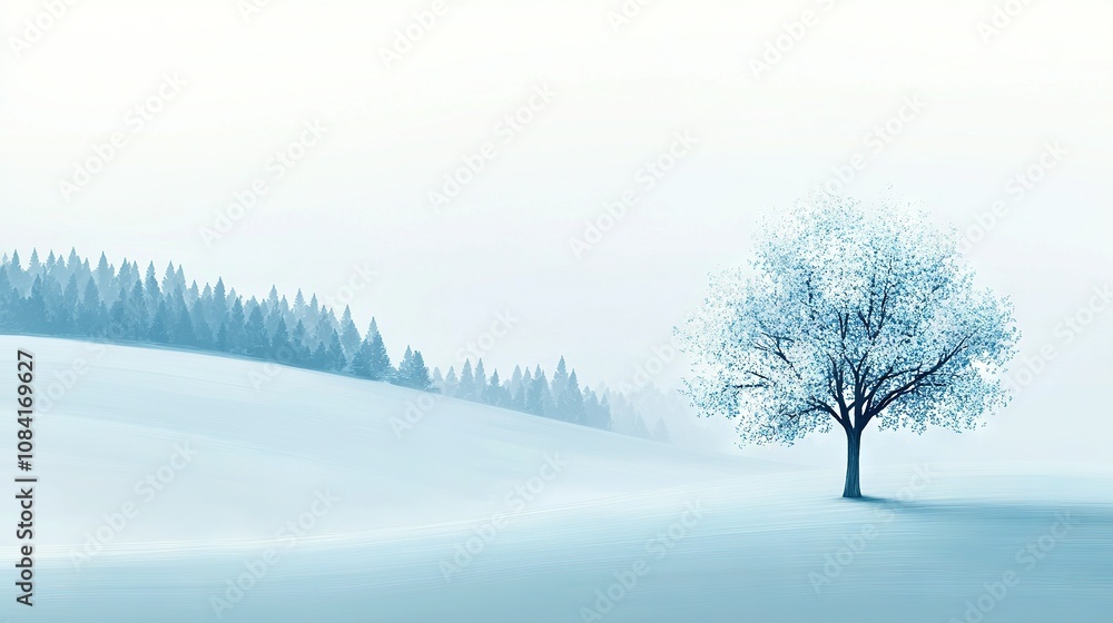 Poster a snow-covered landscape features a single tree in the foreground, surrounded by towering pines on t