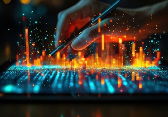 Here's a description and keywords for your stock photo.. Hand using stylus on tablet, interacting with dynamic data visualization.