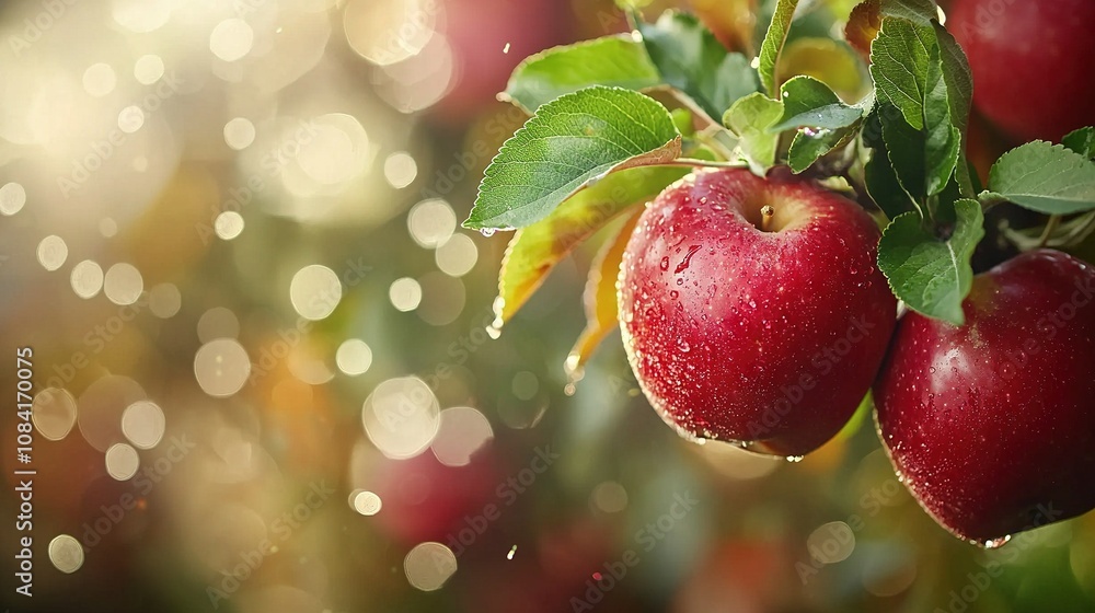 Poster   A close-up of two apples on a tree branch with water droplets on the leaves and a shallow depth of field in the background