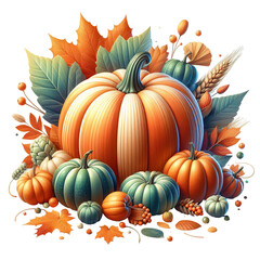 Naklejka premium A 3D watercolor pumpkin composition with leaves, perfect for autumn designs and Thanksgiving Day isolated PNG