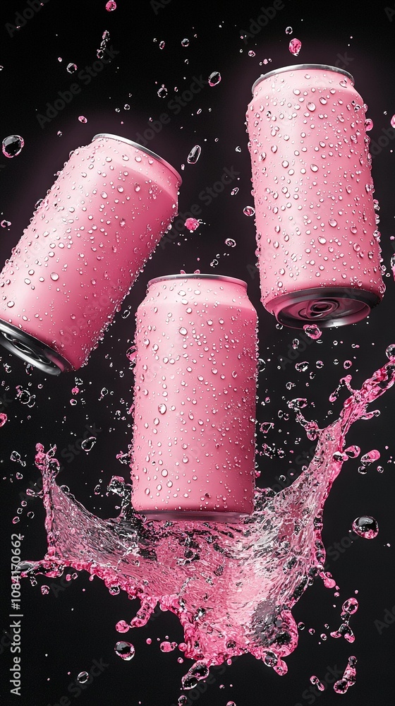 Poster three pink soda cans in a row with water splashing in the background, creating a beautiful reflectio
