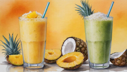 Refreshing tropical smoothies in glasses with pineapple and coconut on a bright background