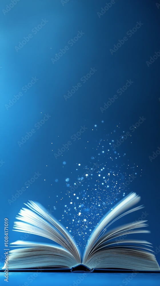 Poster an open book illuminates a starry sky, inviting imagination and wonder in a serene setting