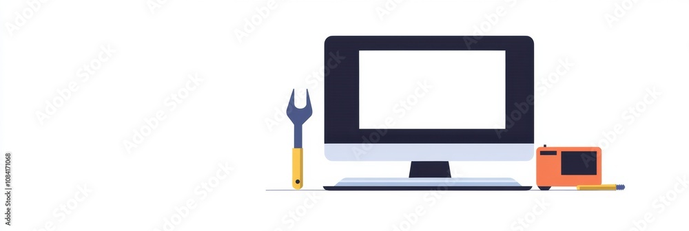 Fototapete A computer is placed on a desk beside a screwdriver and a wrench, indicating preparation for technical work and repairs. Generative AI