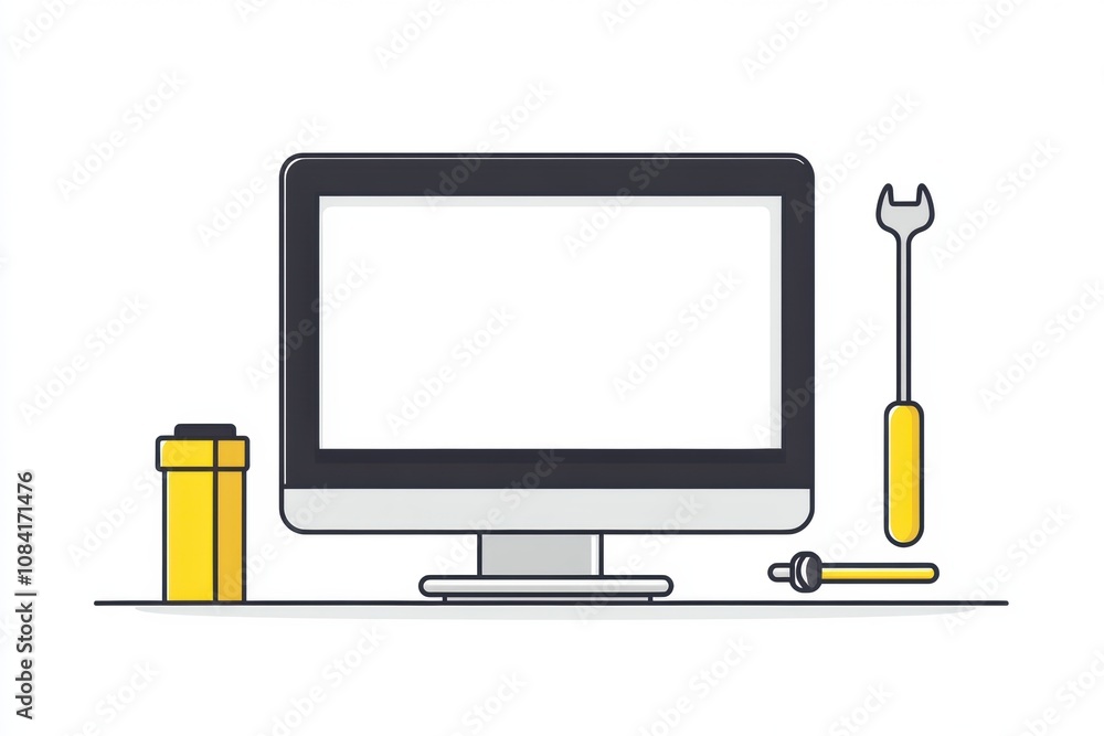 Aufkleber A computer is placed on a clean desk alongside a yellow screwdriver and a tool, suggesting ongoing repair work in an office. Generative AI