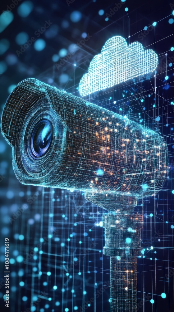 Poster a digital camera connected to a cloud network symbolizing modern technology and data transfer