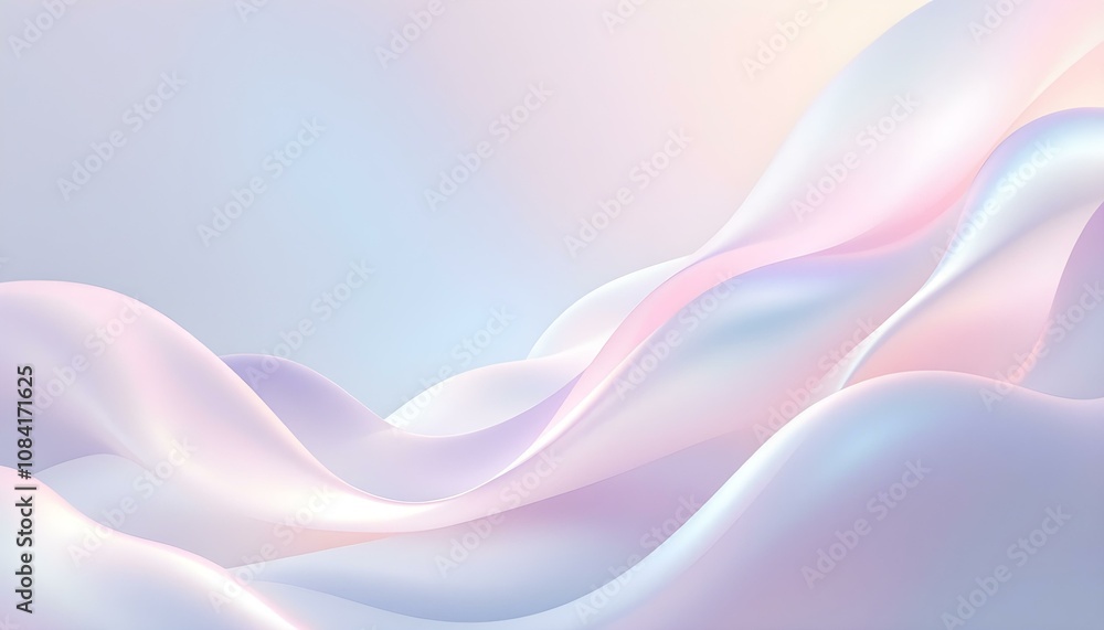 Poster 3D render of an abstract background with wavy paper elements in pastel colors, featuring soft lighting and a blue and pink gradient. Abstract background with wavy lines in pink, white and gray shades