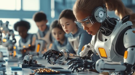 Class in school lab for group of multiracial diverse schoolkids interacting using gadgets for building engineering robots. Elementary science classroom of ai technologies. STEM education concept.