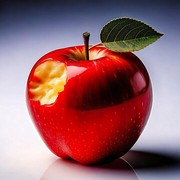 Shiny Red Apple with Leaf on White Surface