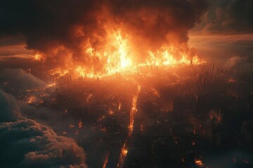a dystopian city engulfed in flames, debris scattered throughout, with smoke swirling into the air, portraying a scene of devastation and chaos, under a dark, ominous sky