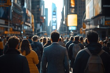 Fototapeta premium Downtown Rush Hour Anonymous Crowd Blurs Past Skyscrapers