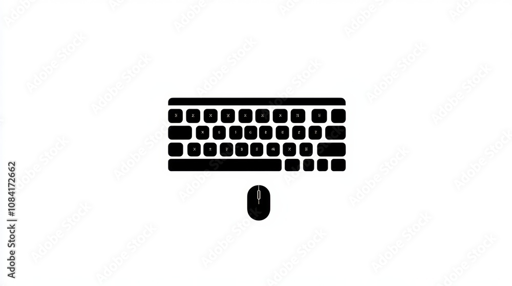Poster A sleek black keyboard positioned above a matching mouse, set against a bright white background, ideal for tech-themed projects. Generative AI