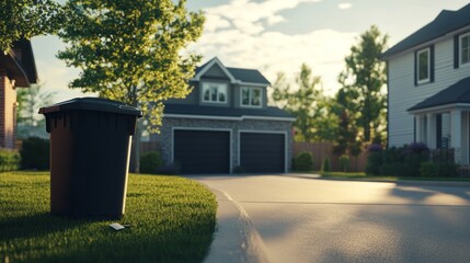 Obraz premium A black trash can sits on the side of a road next to a house
