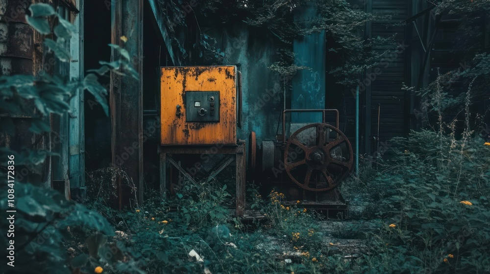 Poster an abandoned rusty control panel and wheel in overgrown vegetation
