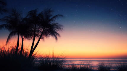 Obraz premium Sunset with palm trees in the foreground, water in the background & stars above