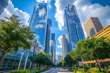 Downtown Skyscrapers with Pedestrian Walking on Street