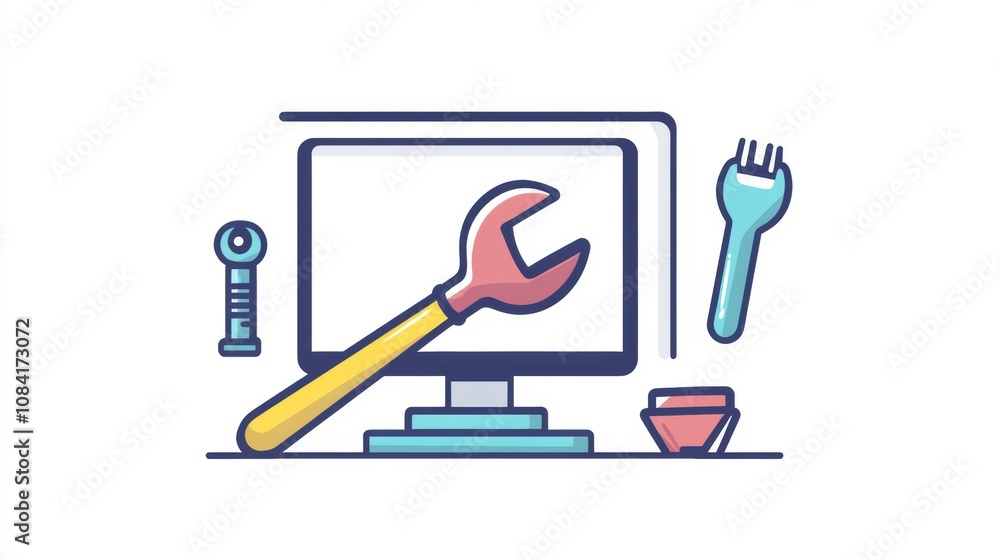 Poster A wrench and screwdriver are positioned next to a computer monitor, indicating an active session of computer repair or maintenance in an office. Generative AI